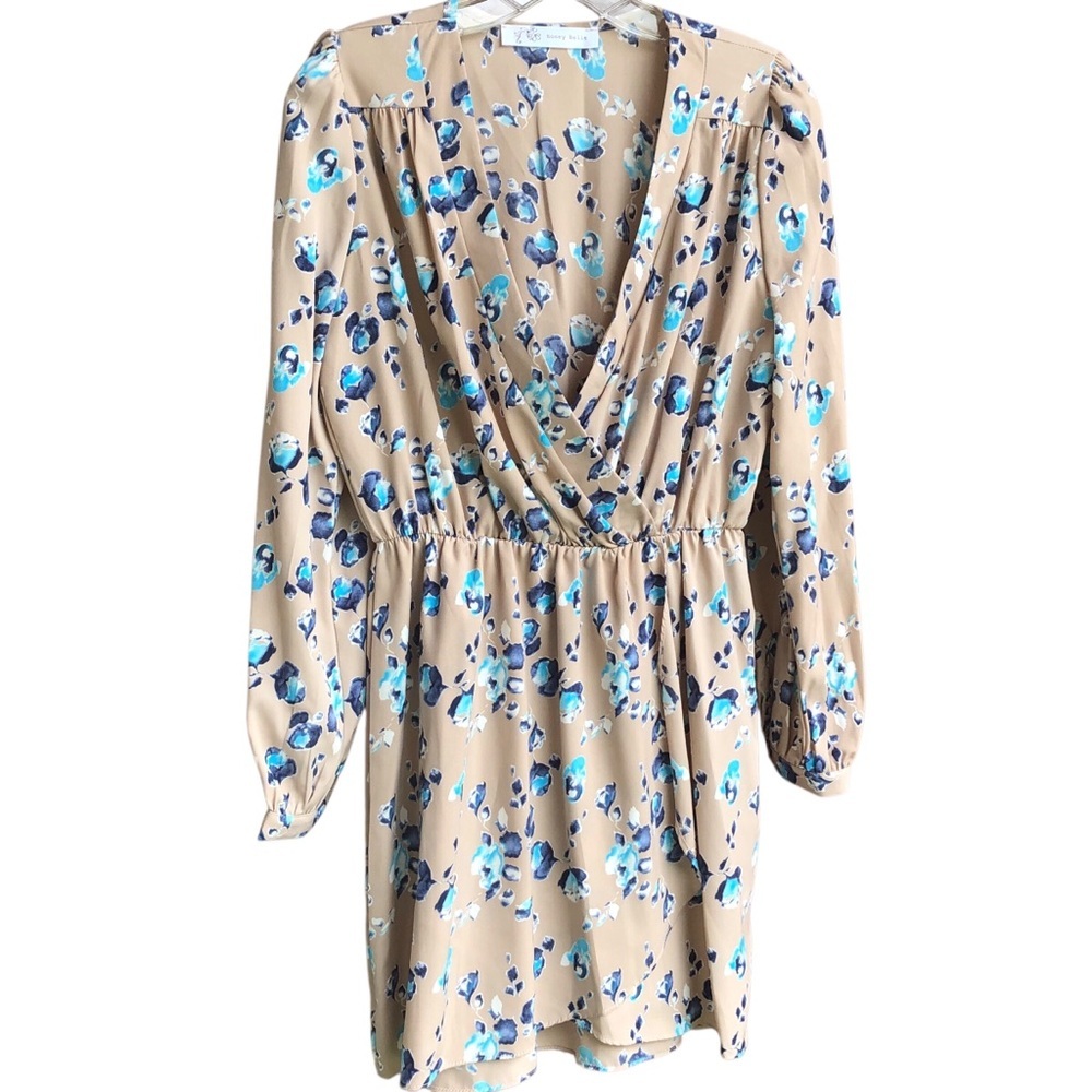 Long Sleeve Mini Floral Dress Taupe/Blue —#077